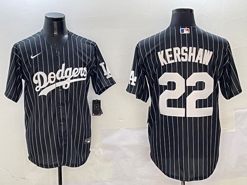 Men Los Angeles Dodgers #22 Kershaw Black Stripe Jointly Name 2025 Nike MLB Jersey style 1